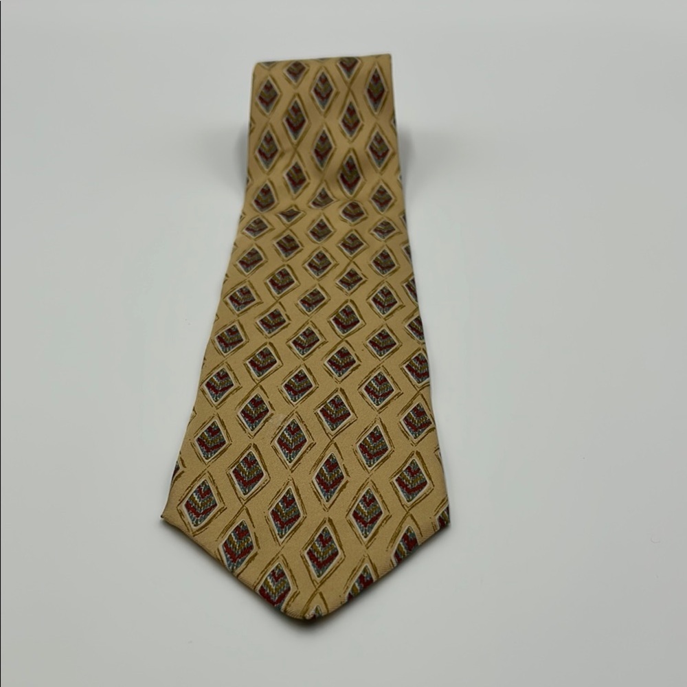 Joseph Abboud Gold and Red Silk Tie with Geometric Pattern